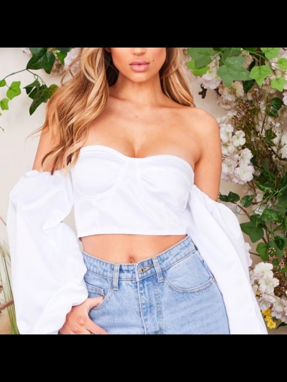 PrettyLittleThing White Off-Shoulder Corset Balloon Sleeve Crop